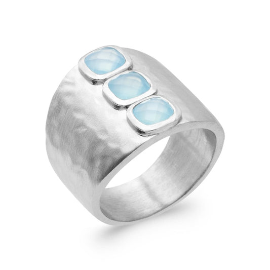 Bague large argent rhodié pierre agate bleue