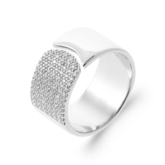 Bague argent rhodié large raffinée pavée d'oxydes de zirconium