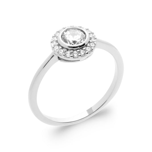 Bague Solitaire entourage et serti clos argent 925 rhodié