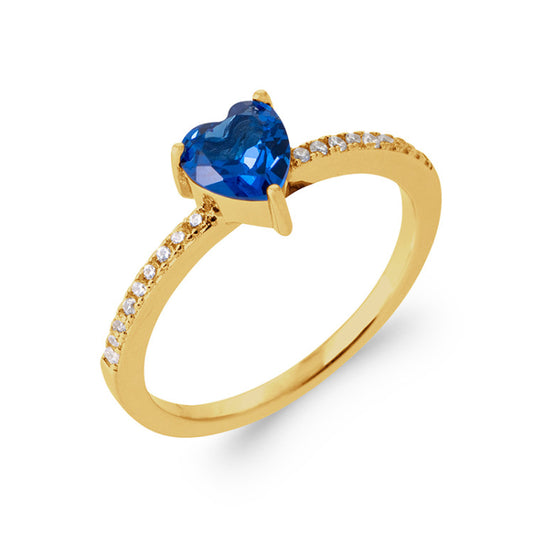 Bague coeur bleu plaqué or et oxydes