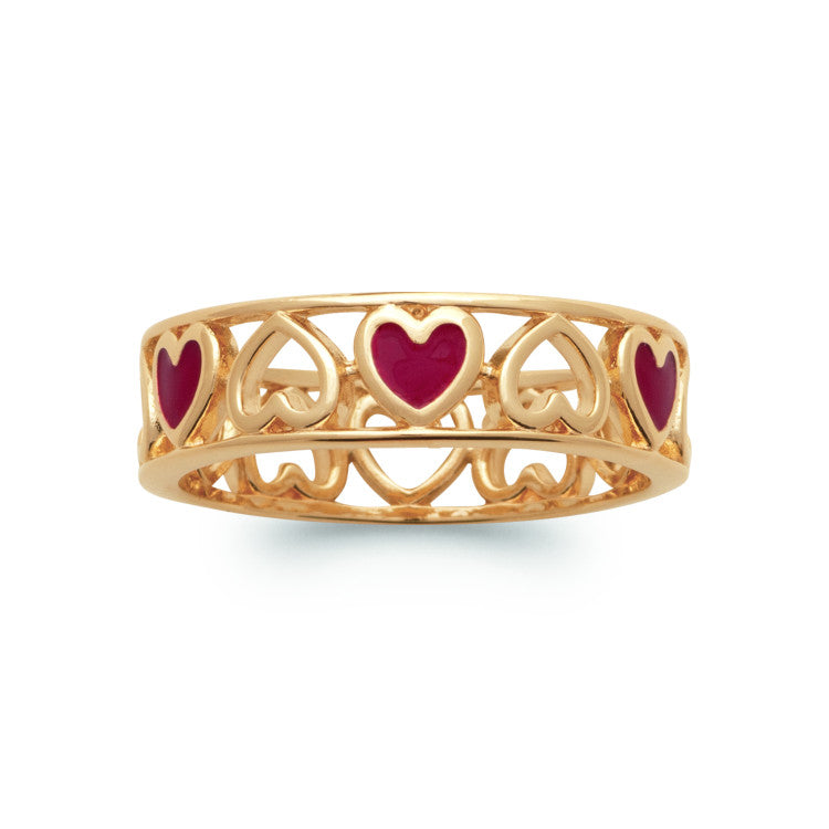 Bague contour coeur laqué rouge plaqué or