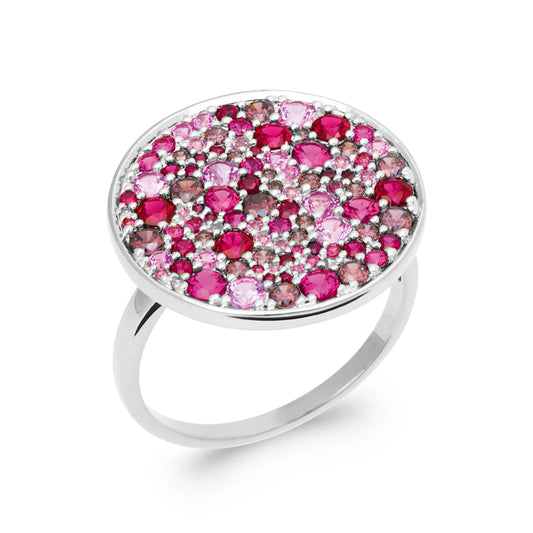 Bague large plateau rond pierres roses