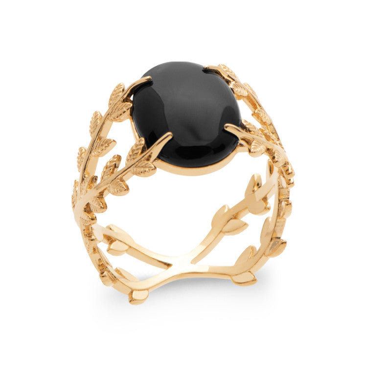 Bague branche laurier agate noire plaqué or