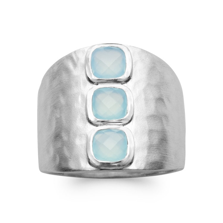 Bague large argent rhodié pierre agate bleue