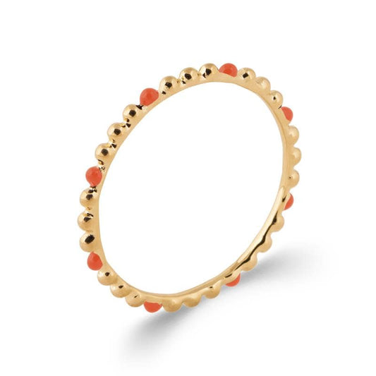 Bague fine perles plaqué or email corail