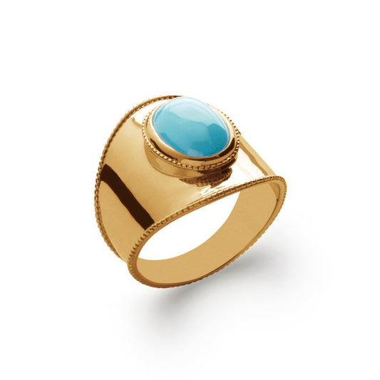 Bague large plaqué or pierre synthétique bleue turquoise