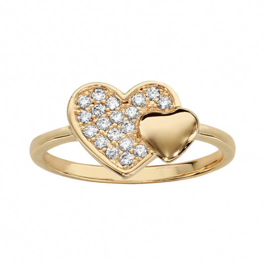 Bague double coeur pavé zirconium et lisse