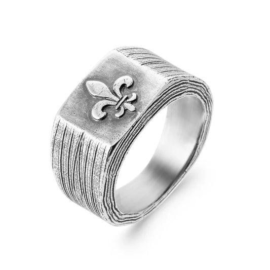 Chevalière homme fleur de lys vieil argent