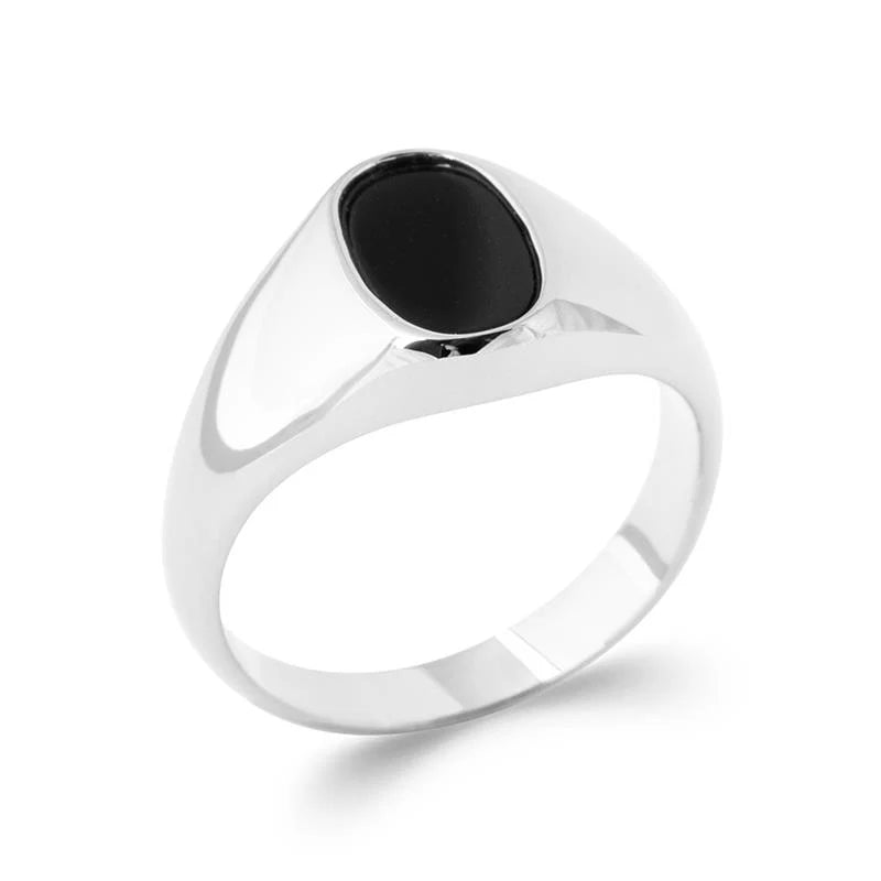 Bague chevalière plateau imitation onyx ovale argent